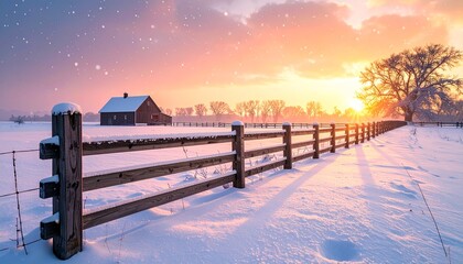 Snowy landscape with barn and sunset