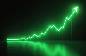 Glowing green graph shows growth on dark background. Financial concept illustrates market success. Visual element demonstrates positive trend of stock exchange data.