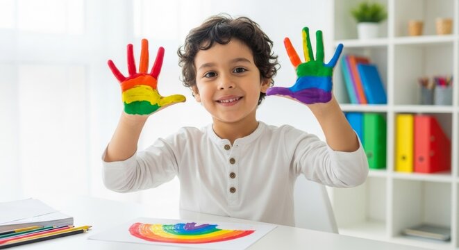 Cheerful child painting with colorful handprints in creative art class - Powered by Adobe