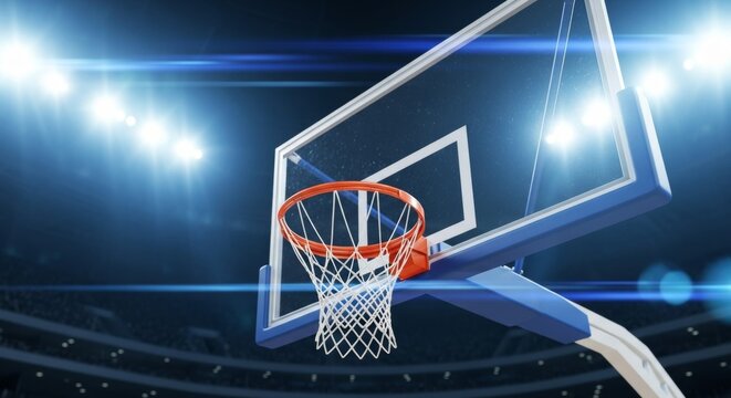 Illuminated basketball hoop in arena with shining lights and clear backboard