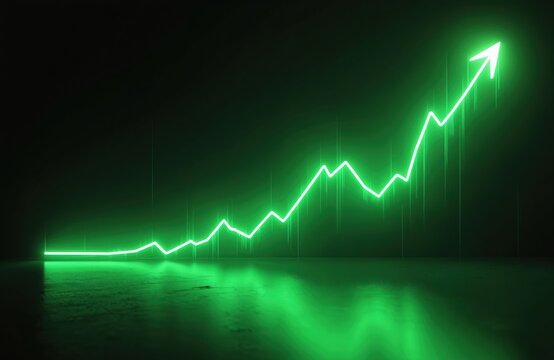 Glowing green graph shows growth on dark background. Financial concept illustrates market success. Visual element demonstrates positive trend of stock exchange data.