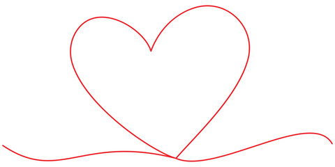 Love symbol, Valentine's Day heart. Continuous one line drawing border with painted red heart. Romantic hand drawn doodle sketch. Vector illustration 