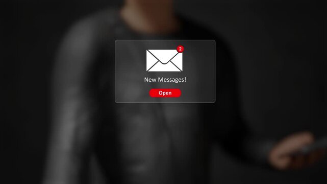New message notification, online business communication, digital communication, marketing, instant response, push notification. Businessman touching new message notification on virtual screen.3D video