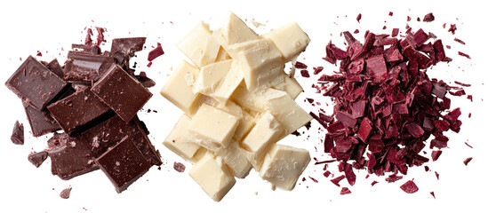 Piles of White, Milk, and Dark Chocolate Side by Side Overhead on Transparent Background