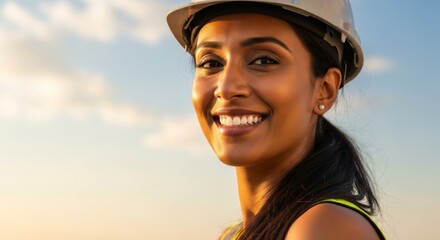 Female engineer smiling in hard hat at construction site during golden hour