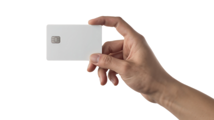 Hand holding white credit card isolated on transparent background