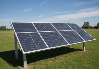 Solar Panel Array in Green Field Under Blue Sky Clean Energy and Sustainability Initiative Promoting Eco Friendly Solutions