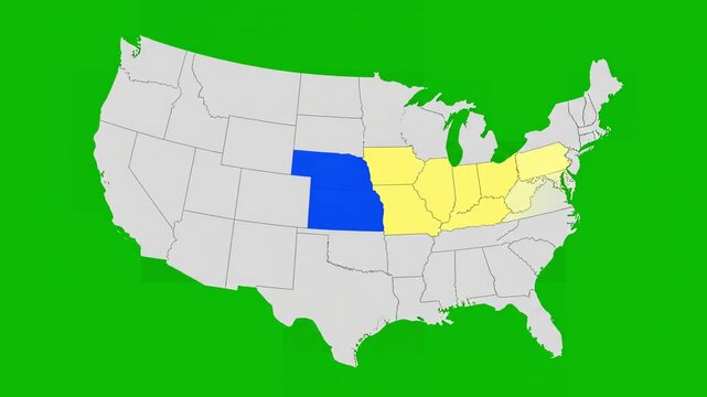 Broadcast Graphics Element with map of united states america showing different animated usa contiguous lower 48 u s state on an isolated chroma key background distortion, green screen overlay, glitch