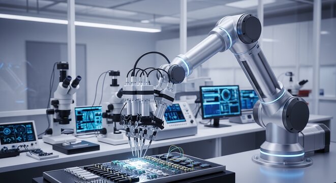 Robotic arm precisely assembling a microchip on a circuit board in modern research lab environment, concept for semiconductor manufacturing, technological development and industrial automation