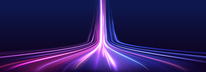 High-speed light line in the form of a road and a highway in a night city. Lines in the shape of a comet against a dark background. Neon stripes in the form of drill, turns and swirl.  © Mirotvoric