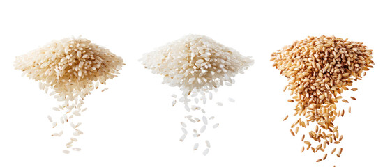 Piles of White Rice, Brown Rice, and Arborio Rice Falling on Transparent Background