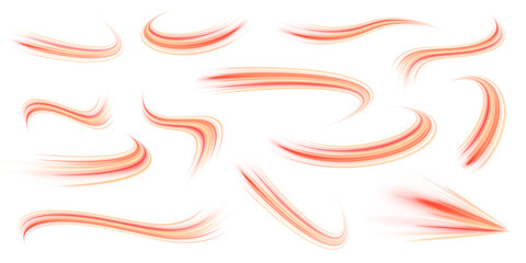 Set of abstract red glowing swirls and speed stripes with fiery glow. Vector illustration in PNG format on white background. Futuristic glowing neon effects.	