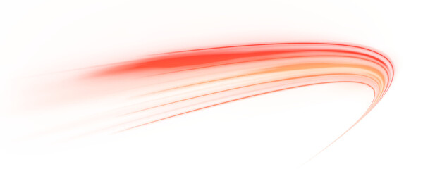 Glowing neon light trail element. Bright red-orange speed line wave luminous curved swirl concept. Shiny fiery streaks for posters, banners transfer on white background in png format.	