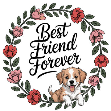 Cute puppy with flowers and text Best Friend Forever on white background Keywords: puppy, dog, canine, pet, animal, cute