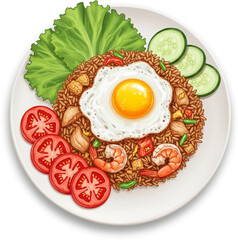 Nasi Goreng, Indonesian fried rice with sunny-side-up egg, digital illustration isolated.