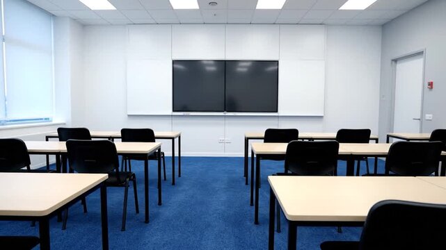 Modern classroom with rows of desks and chairs, a large screen, and blue carpet