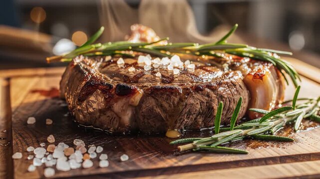 Tender Steak with Herbs and Sea Salt on Wooden Cutting Board