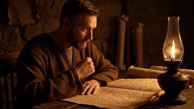 Man studying ancient map in dimly lit room with warm light