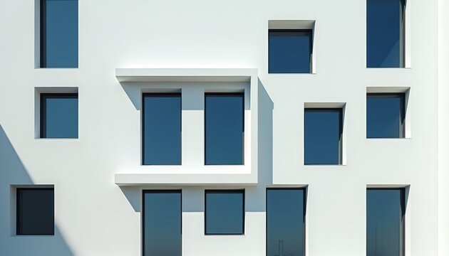 Modern building facade with diverse window designs. White exterior features various window sizes shapes. Contemporary architecture stylish design. Building wall black framed windows. Apartment - Powered by Adobe