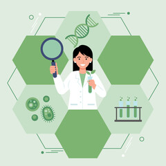 Female scientist conducting biology research with molecular icons