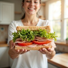 Young woman smiling holding a fresh ham sandwich against a bright kitchen background