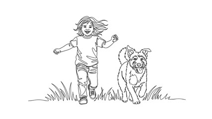 Playful child running with dog continuous black line art, joyful outdoor minimalist vector illustration on white background