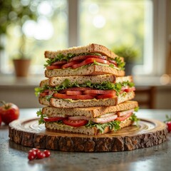 Hearty stacked sandwich still life in warm natural tones showcasing fresh lunch recipe