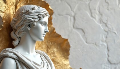 White marble bust profile with gold accents. Classical sculpture depicts a woman head and shoulders against a textured background. Elegant art piece shows detailed hair and draped cloth.