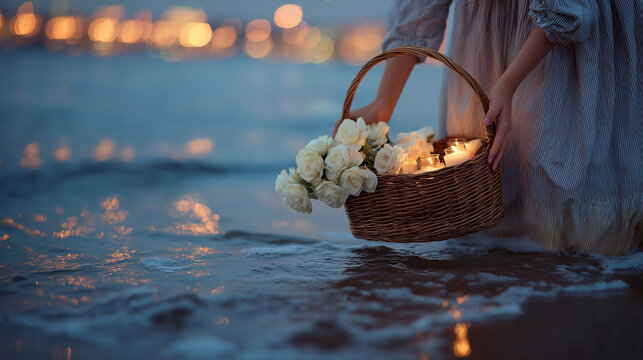 Person placing flower and candle basket in ocean at Copacabana.