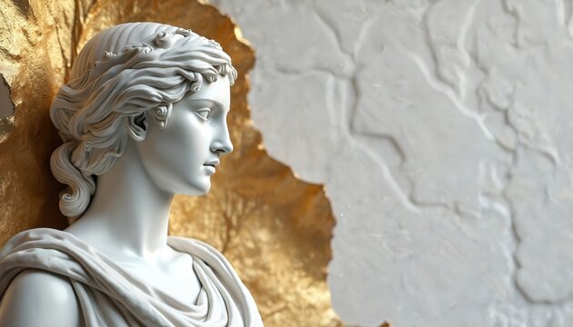 White marble bust profile with gold accents. Classical sculpture depicts a woman head and shoulders against a textured background. Elegant art piece shows detailed hair and draped cloth.