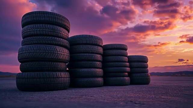 Stacks of tires against a vibrant sunset sky, symbolizing automotive industry.