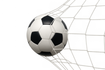 Soccer ball hitting goal net, scoring point during a game, celebrating success and winning competition