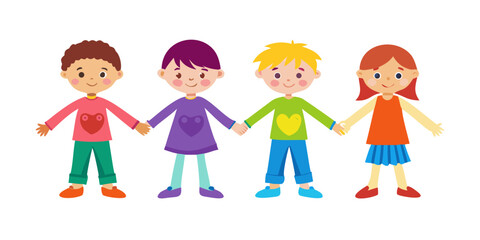 stylish colorful illustration of four children holding hands. Perfect for projects on friendship, togetherness, childhood, and teamwork. vector icon
