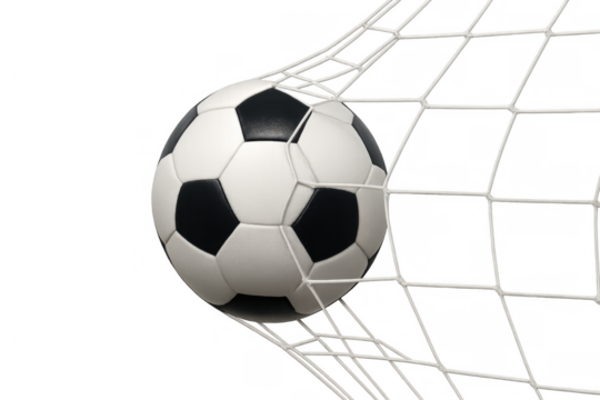 Soccer ball hitting goal net, scoring point during a game, celebrating success and winning competition