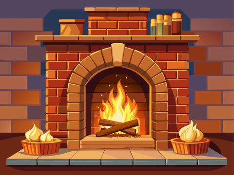 realistic detailed vector of classic brick fireplace with burning firewood, warm glow, soft shadows, cozy home interior, isolated on single-color background, winter comfort atmosphere