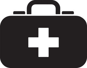 Obraz premium Simple black silhouette of a first aid kit with a white cross symbol on a clean white background
