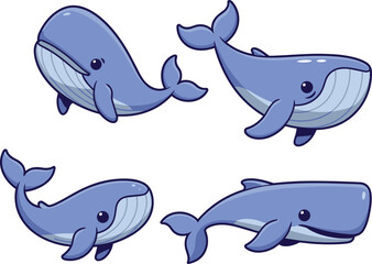 Cartoon whale illustrations, cute marine animal set, playful ocean creatures, blue sea mammals, kids educational graphics, underwater wildlife vector collection