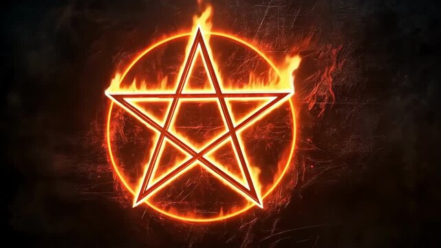 Fiery pentagram symbol glowing with intense light and surrounded by flames.