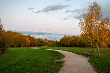 Landscape with a beautiful sunset and trees in autumn color at Rushcliffe Country Park in Nottingham, UK.