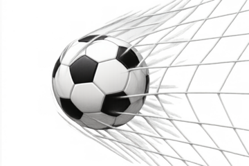 Soccer ball hitting goal net, scoring a point, celebrating victory and success in football sport, transparent background