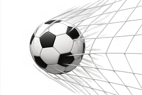 Soccer ball hitting goal net, scoring a point, celebrating victory and success in football sport, transparent background