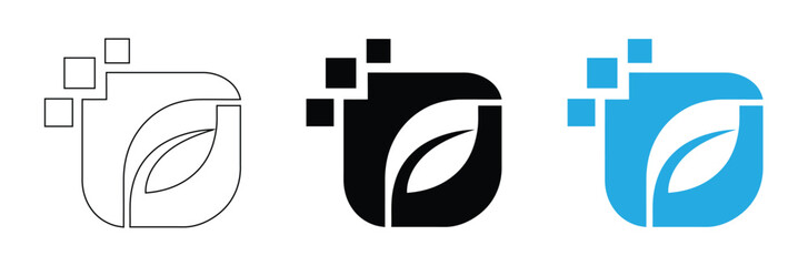 Green leaf vector icons. Eco leaf logo. Simple linear leaves of trees and plants. Elements for eco friendly and bio logo,vegan.Modern leaf logo with digital pixel elements,editable stroke