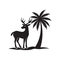 Deer Standing Under Palm On Tropical Beach Silhouette