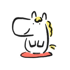 座布団に座って新年の挨拶をする白馬　正月素材・墨絵