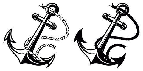 Detailed twin anchor illustration with intertwined rope showing elegant maritime design elements in classic monochrome vector style for sailing, adventure, and nautical graphic themes