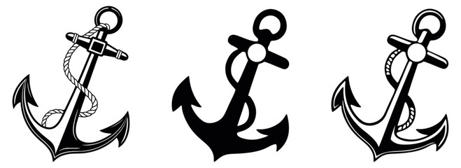 Set of elegant black and white anchor icons with detailed rope accents, showcasing a classic nautical theme and maritime craftsmanship ideal for sailing, navy, and ocean-inspired vector designs
