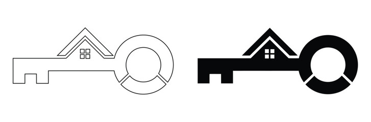 House with key icon. Rent symbol. Home key pictogram. Real estate symbol. Key house icon isolated on white background,Unlock your dream home with this modern key icon design,editable stroke