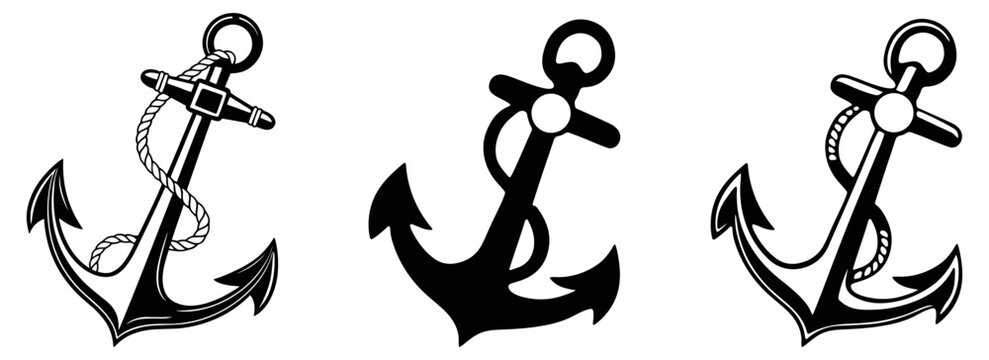 Set of elegant black and white anchor icons with detailed rope accents, showcasing a classic nautical theme and maritime craftsmanship ideal for sailing, navy, and ocean-inspired vector designs
