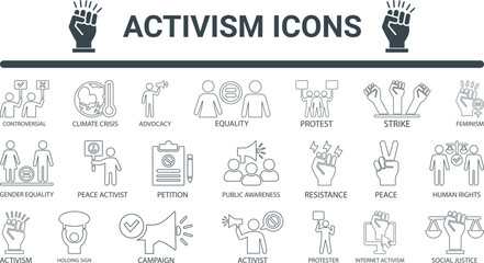 Activism icon set. Containing protest, petition, human rights. Solid vector icons collection. activist, demonstration, strike, advocacy, strike, advocacy, petition, human rights,  Line art icons set
