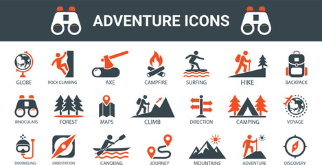 Adventure icon set. Containing hike, campfire, snorkeling, climbing. Outdoor activity concept. Solid icon collection.  travel and canoeing icons 